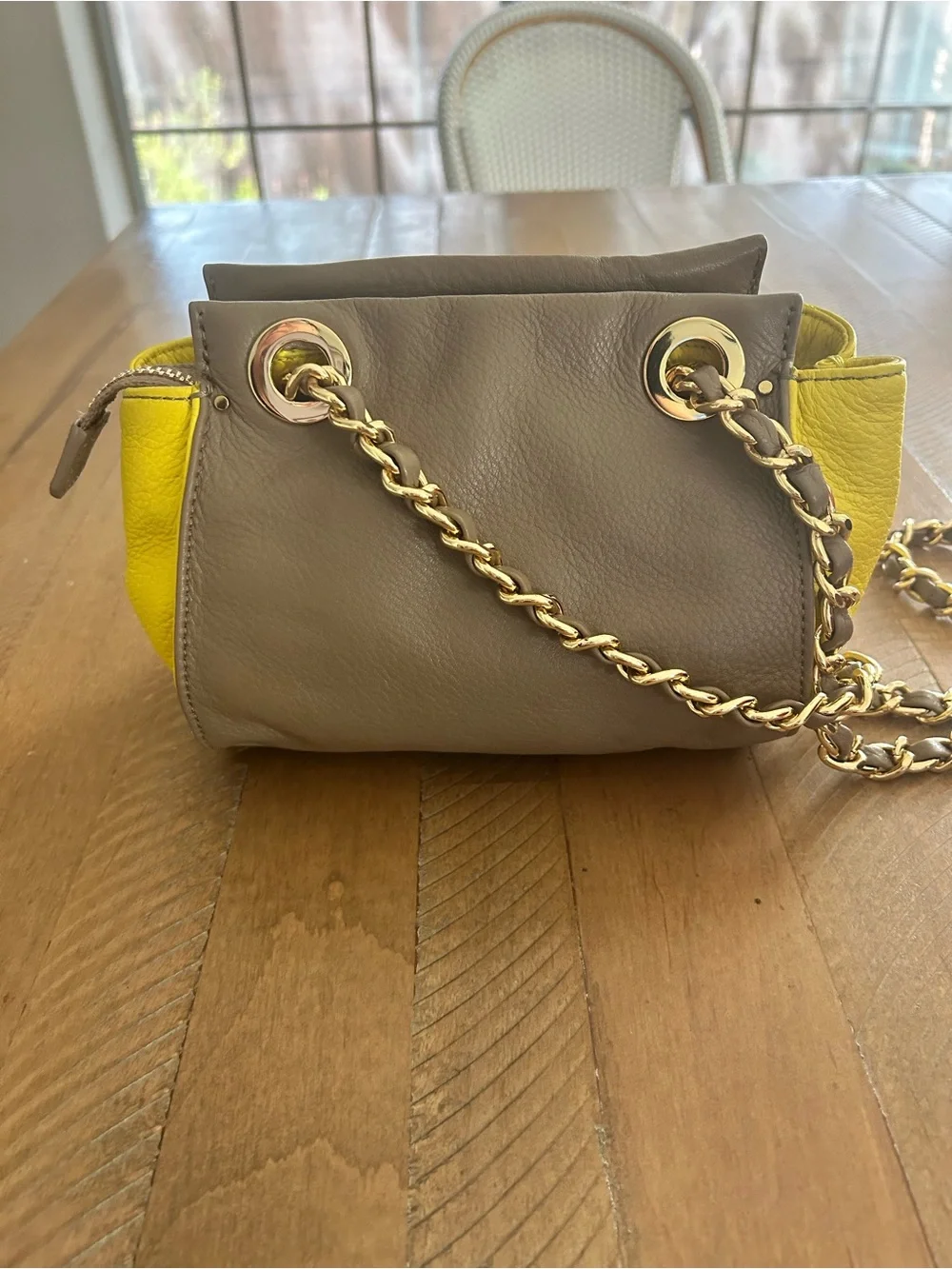 Tory Burch Two-Tone Leather Shoulder Bag in Taupe & Yellow